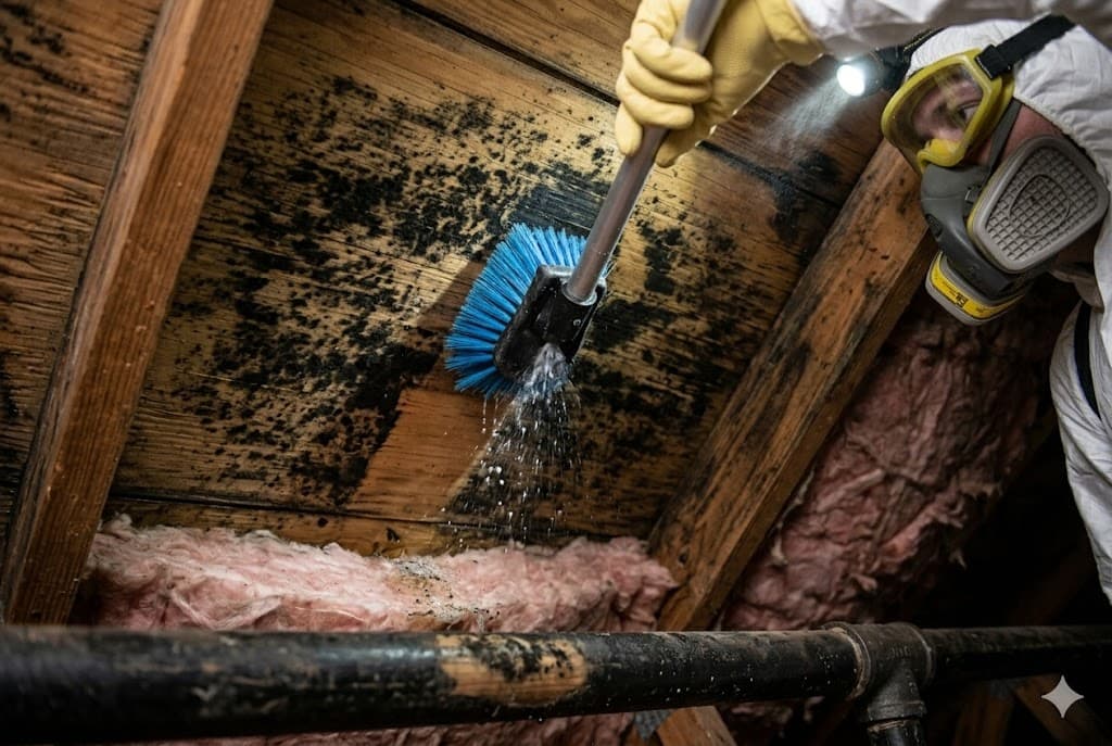 Black mold removal specialist in full PPE treating contaminated wall